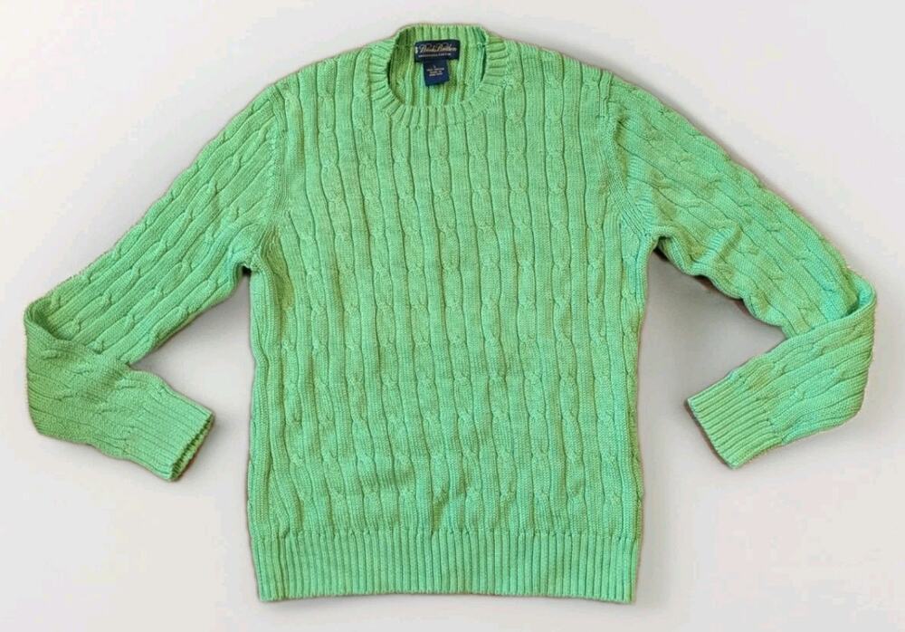 Brooks Brothers Womens Green Cable Knit Sweater L 100% Cotton Classic Preppy
